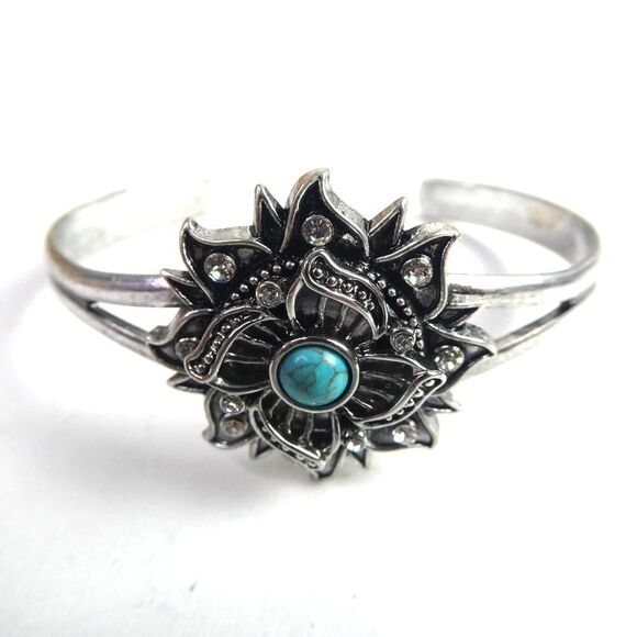 Snap Button Flower Rhinestone Faux Turquoise Silver Tone Cuff Bracelet Boho - Picture 1 of 11